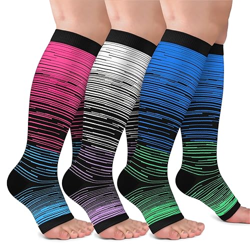 3 Pack Copper Compression Socks for Women & Men, 20-30mmHg Open Toe Knee High Stockings for Circulation Support - C03-3 Pack Blue/Red/Gray - 3X-Large