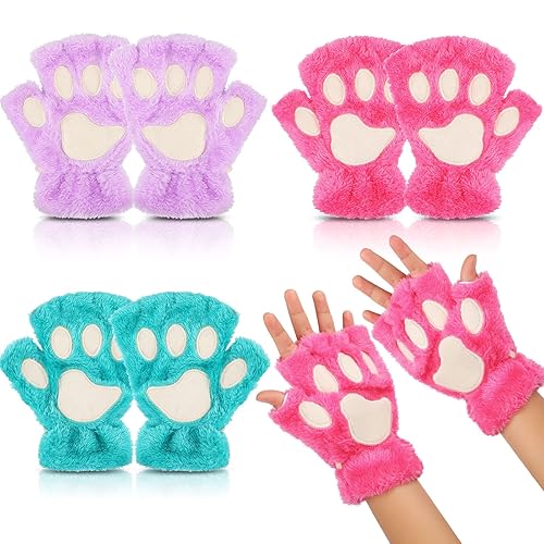 Geyoga Cat Paw Gloves 3 Pairs Cosplay Faux Fur Plush Cat Gloves Bear Furry Paws Gear Winter Fingerless Gloves for Girls Women - Rose Red, Purple, Peacock Blue