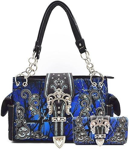Camouflage Crown Buckle Western Style Purse Floral Shine Glow Country Handbag Women Shoulder Bag Crossbody Wallet Set - Blue