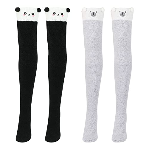 QKURT 2 Pairs Fluffy Thigh High Socks, Women Girls Knee High Socks Coral Fleece Warm Soft Over Knee Socks Cute Animal Long Socks for Winter