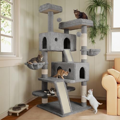  66 Inches Multi-Level Large Cat Tree Tower for Indoor Big Cats/Cozy Plush Perches/Cat Condo/Sisal Scratching Posts/Hammock and Baskets - Grey