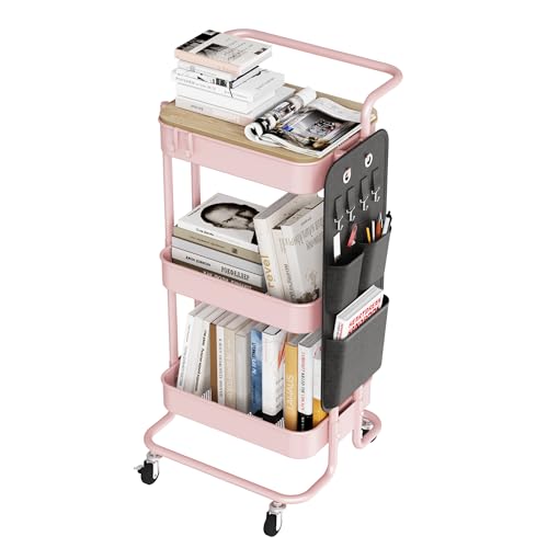 DTK 3 Tier Metal Utility Rolling Cart with Table Top and Side Bags, Metal Tray Storage Organizer Cart with Wheels, Art Craft Cart with 4 Hooks for Kitchen Bathroom Office Living Room (Pink) - large-Metal - Pink