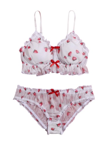 SOLY HUX Women's Plus Size Strawberry Print Mesh Bra and Panty Lingerie Set - XX-Large White
