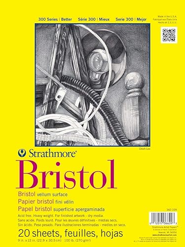 Strathmore 300 Series Bristol Paper Pad, Vellum, Tape Bound, 9x12 inches, 20 Sheets (100lb/270g) - Artist Paper for Adults and Students - Charcoal, Pen and Ink, Marker, and Pastel - Vellum - 9x12 - Tape Binding - Paper Pad