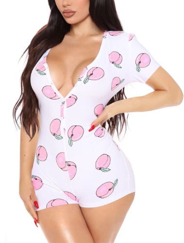 Plus Size V Neck Pajamas for Women, Sexy Bodycon Printed Jumpsuits Long Sleeve Button Onesies Pajama Club Shorts Rompers - Peach X-Large