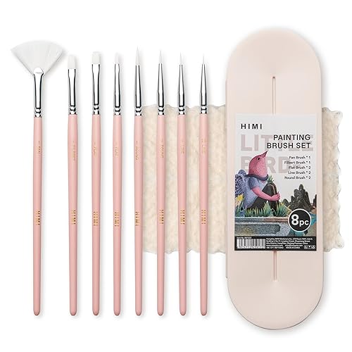 HIMI Paint Brushes Set 8 Pcs for Acrylic Oil Gouache/Watercolor Paint，2 Flat & 2 Round & 2 Liner &1 Filbret &1 Fan, 8pcs Brushs, Nice Gift for Art hobbyist Beginners Artists (Pink,8Pcs) - Pink
