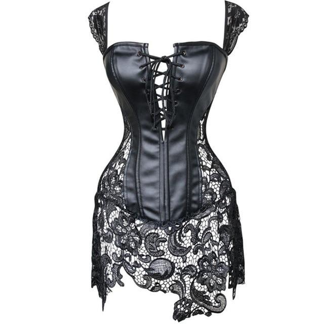 Latex & Lace Corset Dress (Up to 6XL) - Black / XXL