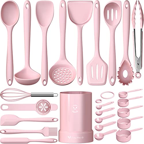 Silicone Cooking Utensils Set- Pink Heat Resistant Kitchen Utensils, Fungun Kitchen Utensil Spatula with Holder, BPA Free Kitchen Gadgets Tools Set for Nonstick Cookware, Dishwasher Safe - Pink