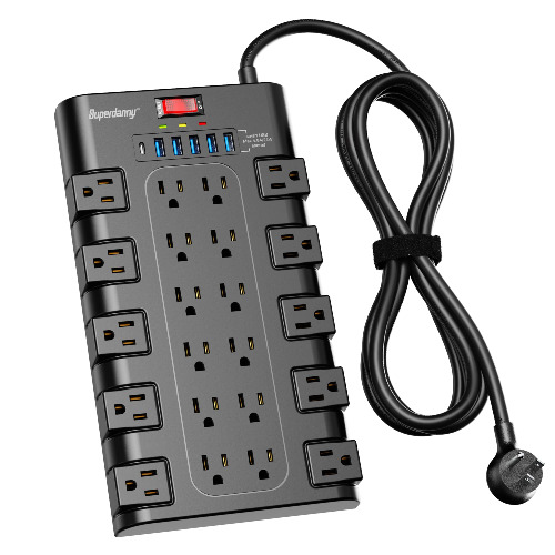 Power Strip, SUPERDANNY Surge Protector with 22 AC Outlets and 6 USB Charging Ports, 1875W/15A, 2100 Joules, 6.5Ft Flat Plug Heavy Duty Extension Cord for Home, Office, Dorm, Gaming Room, Black - 6.5 ft Black