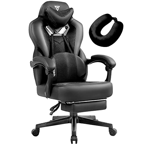 Vigosit Gaming Chair with Footrest, Mesh Chair for Heavy Adults, Big and Tall PC Chair with Massage (Black) - Black - With thickened spring cushion