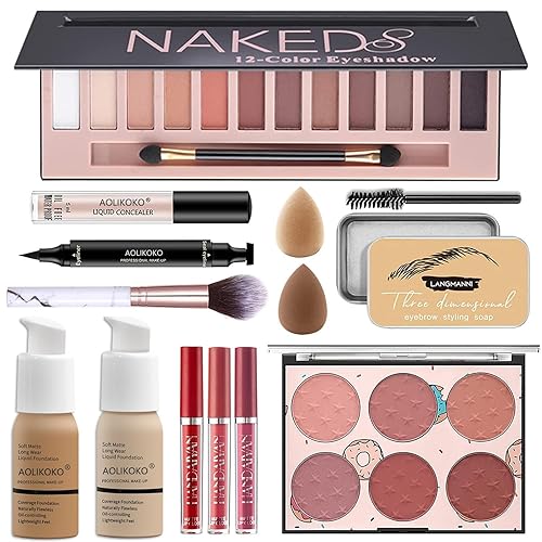 12-Color Pro Makeup Kit for Women - Eyeshadow, Foundation, Lipstick, Blush, Brushes, Eyeliner Stamp - Set 2