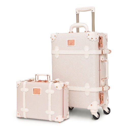 urecity Designer Vintage Trunk Combination Luggage Sets of 2 Piece, Hard Shell Retro Travel Suitcase with Wheels (Rose White, 20"+12") / 26"+12"