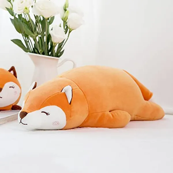 BYNYXI 45cm Fuchs Plüschtier Kissen, Plüsch Fuchs Liegend Plüschkissen Stofftier Flauschiges Umarmungskissen Gefüllte Kuscheltier Kawaii Fuchs Kissen Plüschpuppe für Kinder Geburtstaggeschenk