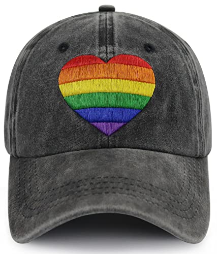 Pride Rainbow Heart Hat for Men, Funny Adjustable Cotton Embroidered LGBT Gay Lesbian Gifts Baseball Cap - Embroidered Black
