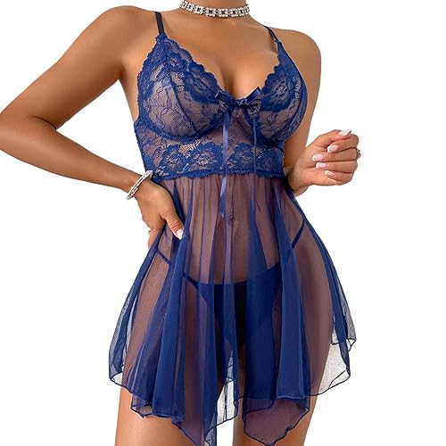 Women's Lingerie Sexy Lace Babydoll Mesh Chemise Nightgown Boudoir Sleepwear with Panty, Navy - Navy - Medium