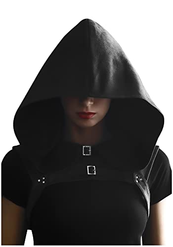 FURPHI Steampunk Rogue Medieval Hooded Cowl Hat Gothic Soft Faux Suede Cape Costume for Men Women Halloween - Small - Dark