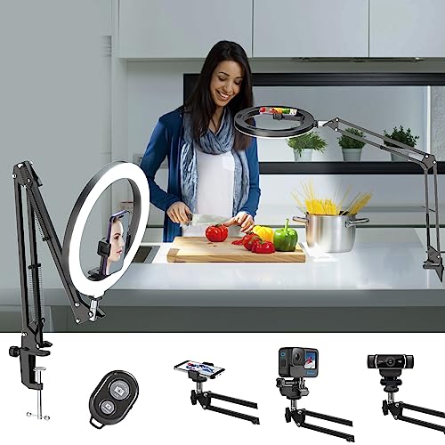 Overhead Camera Mount with 10" Ring Light and Phone Holder for Desk,Phone Mount Arm Stand with Remote for iPhone,Overhead Tripod for Viedo Recording Vlog YouTube TikTok Live Stream Cooking Nail Art - 10"
