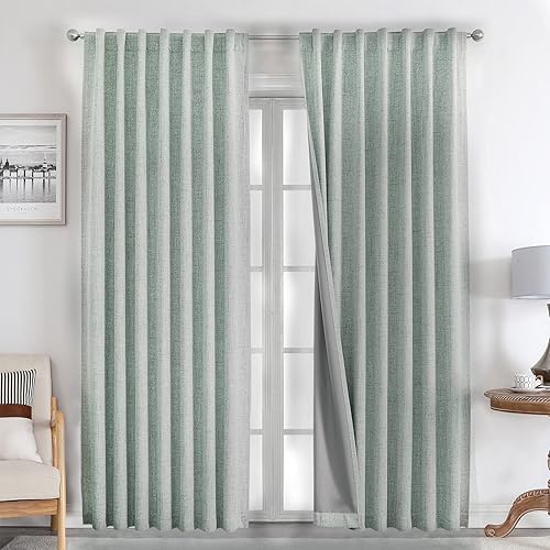 Joydeco 100% Black Out Curtains 90 inch Long 2 Panels Burg Natural Blackout Linen Drapes for Bedroom Living Room Darkening Curtain Thermal Insulated Back tab Rod Pocket(37x90 inch,Sage Green) - Sage Green - 37"W x 90"L (Pack of 2)