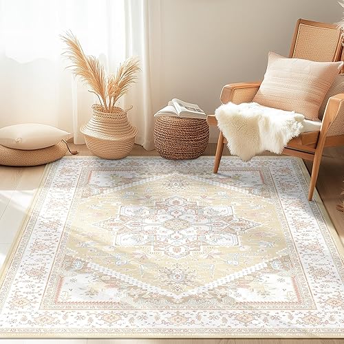 BESTSWEETIE Area Rugs 3x5 Rugs, Washable Area Rug, Non Slip Water Repellent Floor Carpet, Low Pile Soft Vintage Rug for Living Room Bedroom Dining Room Indoor-Cream/Light Yellow/Brown/Blue/Red/Pink - 3x5 - Cream/Light Yellow/Brown/Light Blue/Pink