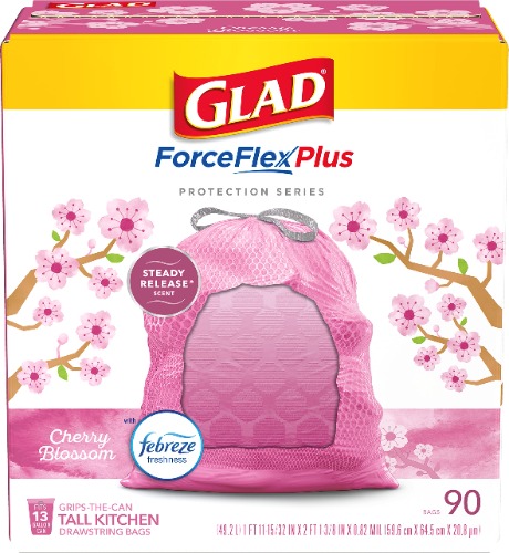 GLAD ForceFlexPlus Tall Kitchen Drawstring Trash Bags, 13 Gallon Pink Trash Bag for Kitchen Trash Can, Cherry Blossom Febreze Freshness and Leak Protection, 90 Count - 90 Count (Pack of 1)