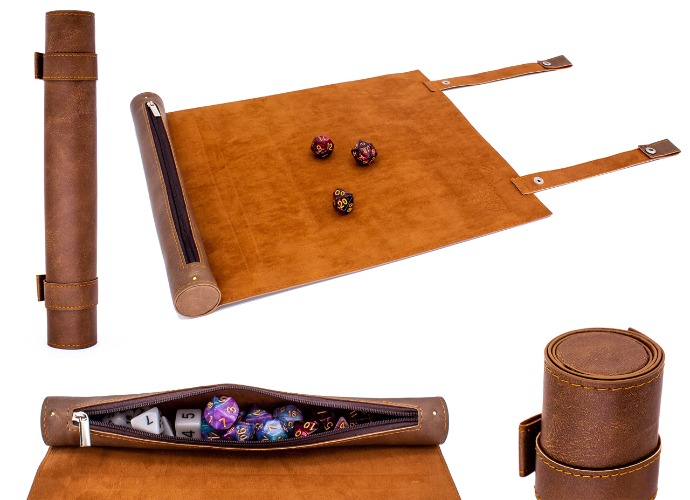 LORE Scroll Style Dice Mat för penna och papper tärningsspel som DND, Cthulhu, DSA - rullbar med tärningsfack och snäppstängning (Vegansk läder, brun, rullmatta som tärningsmatta)