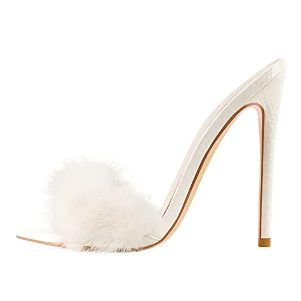 Richealnana Women's Fur Fuzzy Mules Slip On High Heels Sandals