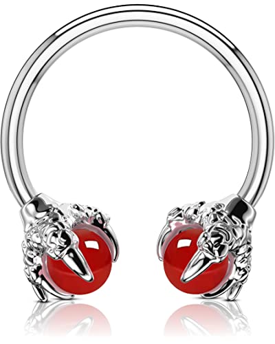 OUFER 316L Surgical Steel Circular Earrings Two White Opals Surrounded by Dragon Claws Cartilage Earing Ear Body Piercing Jewelry Helix Earrings Piercing… - Silver Red