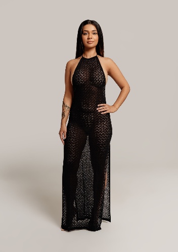 Selena Textured Knit Backless Cover Up Dress In Black - L / Black