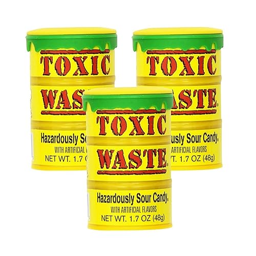 TOXIC WASTE | 3-Pack Toxic Waste Original Yellow Drums of Assorted Sour Candy - 5 Flavors: Apple, Watermelon, Lemon, Blue Raspberry, and Black Cherry (1.7 oz) - Sour - 1.7 Ounce (Pack of 3)