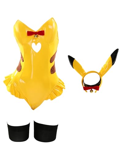 Mobbunny Women's Anime Bunny Cosplay Costume Bunny Girl Yellow Bodysuit and Headband with Tail Stockings - Large - Yellow