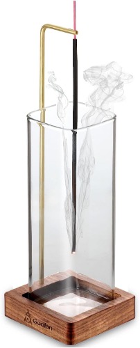 Goolan Incense Holder for Sticks【Anti-ash Flying】 Glass Ash Catcher Wooden Incense Burner with Brass Incense Clip