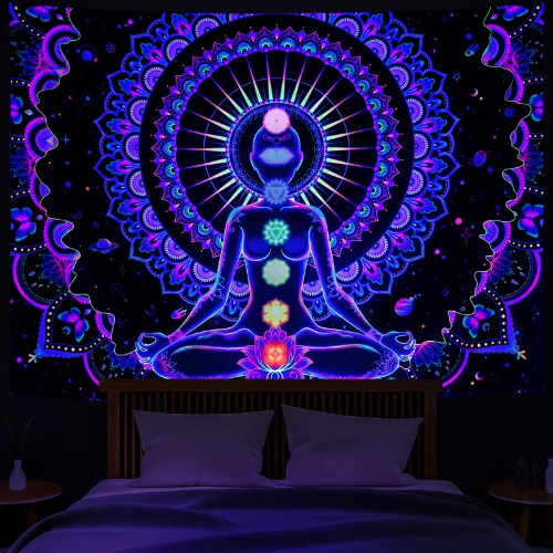 Heopapin Blacklight Tapestry Seven Chakra Tapestry UV Reactive Yoga Meditation Mandala Wall Tapestry Trippy Galaxy Space Tapestry for Wall Hanging Tapestry for Bedroom Home Decor W78×H59