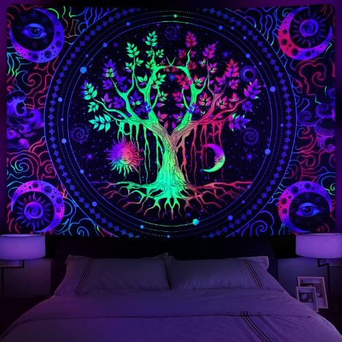 Krelymics Blacklight Tree of Life Tapestry Trippy Sun and Moon Tapestry UV Reactive Galaxy Space Tapestries Aesthetic Glow in The Dark, Black Light Tapestry for Bedroom(51.2 x 59.1 inches) - Multicolor 51.2" x 59.1"