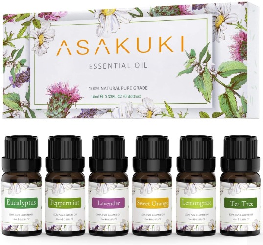 ASAKUKI Top Essential Oils Set, 100% Natural Aromatherapy Oils for Diffusers, Humidifiers, Massage, Clean, Hair Care - Tea Tree, Lavender, Peppermint, Eucalyptus, Lemongrass, Sweet Orange 10ml Oils
