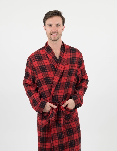 Men's Plaid & Print Flannel Robe - red-black / Small