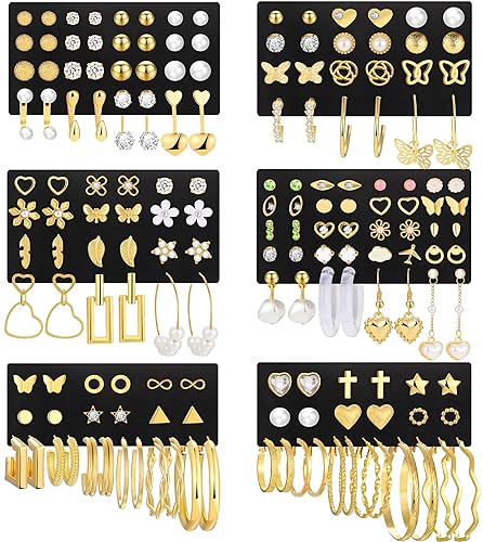 84 Pairs Gold Stud Earrings Set for Women Multipack, Fashion Pearl Cubic Zirconia Butterfly Earrings Packs Piercings, Hypoallergenic Stud Hoops Earrings for Gift - 1-1-1