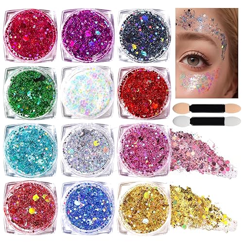 Teenitor Body Glitter Face Glitter Makeup Festival Glitter Gel, 12 Colors Face and Body Glitter Gel, Hair Glitter Gel, Glitter Gel Makeup, Glitter for Face and Hair, Halloween Makeup - 3mm/1mm/0.2mm