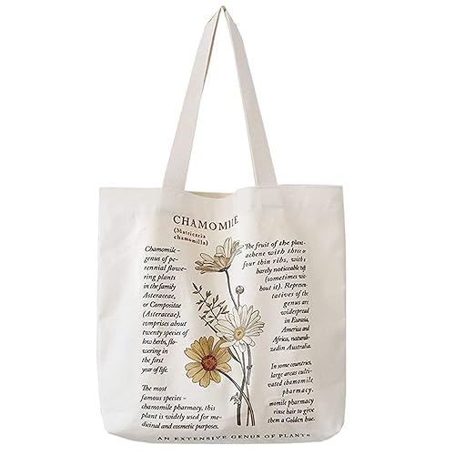 BROADREAM Canvas Tote Bag Aesthetic Shoulder Bag with Zippers and Interior Pocket - Chamomile