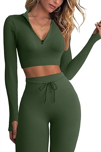QINSEN Long Sleeve Workout Shirt for Women High Funnel Neck Crop Tops Tummy Control Leggings Fitted 2 Pieces Sets - Small - Y118 Army Green