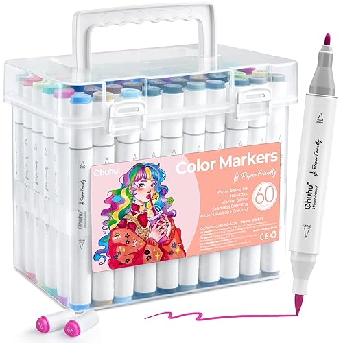 Ohuhu Markers Paper-friendly No Peeling Water-based Coloring Markers 60 Colors Dual Brush Fine Tips Markers for Adult Coloring Books No Bleeding Art Markers for Kids Adults Beginner Calligraphy