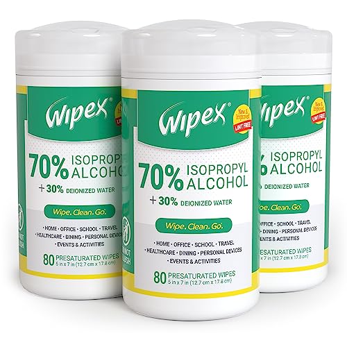 Wipex 70% Isopropyl Alcohol Wipes for Electronics - New & Improved 80ct Large Lint Free IPA Wipes in Sealed Canister to clean Surfaces, Electronics, Sensitive Equipment, Computer Screens, Soft Cloth Alcohol Wipes for Glasses, 80 Count (Pack of 3) - Canister - 80 Count (Pack of 3)