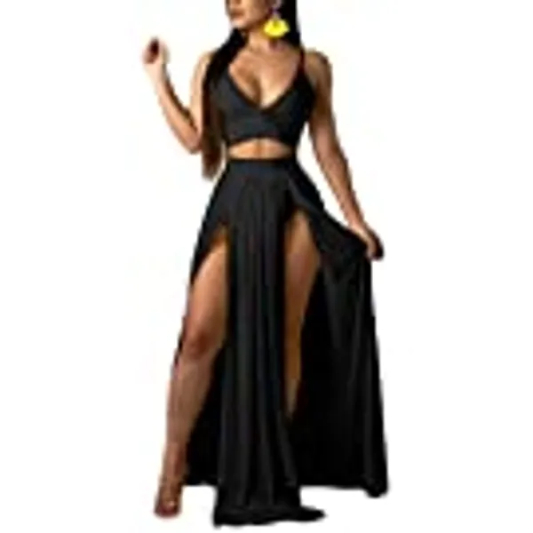 Women Sexy 2 Piece Outfits Dress Chiffon Strap Deep V Neck Bra Crop Top High Split Maxi Dresses Skirt Set