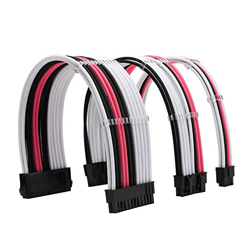 FormulaMod Sleeve Extension Power Supply Cable Kit 18AWG ATX 24P+ EPS 8-P+PCI-E8-P with Combs for PSU to Motherboard/GPU Fm-NCK3 (White Black Pink) - White Black Pink