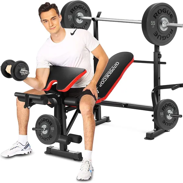 OppsDecor 330lbs 5 in 1 Adjustable Olympic Weight Bench Set with Leg Developer Preacher Curl Rack Multi-Function Bench Press Set for Full Body Workout - Black Red