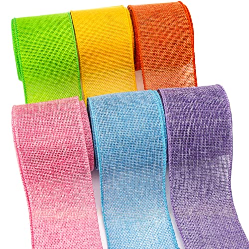 Ribbli Easter Burlap Ribbon-Pink/Blue/Lavender/Apple Green/Yellow/Orange Wired Ribbon 2.5 Inch x 6 Colors Total 30 Yard Easter Ribbon for Crafts Wreaths Big Bow Wrapping Outdoor Decoration - 2.5"-Spring 6 Colors