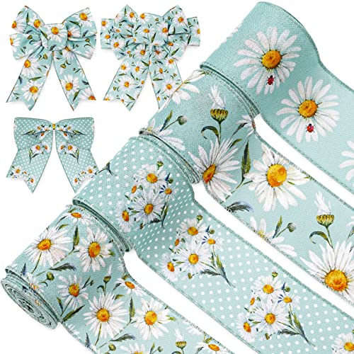 AnyDesign 4 Roll Spring Daisy Wired Edge Ribbon 2.5 Inch Summer Spring Floral Watercolor Blue DIY Decorative Wrapping Ribbon for Bows for Birthday Wedding Bridal Party Favors Home Decor,24 Yards