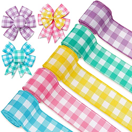 Whaline Colored Wired Edge Ribbon 30 Yards Pastel Gingham Patterned Ribbon Colorful Buffalo Plaids Craft Fabric Ribbon for Gift Wreath Bow Making DIY Crafts Wrapping Supplies, 5 Rolls