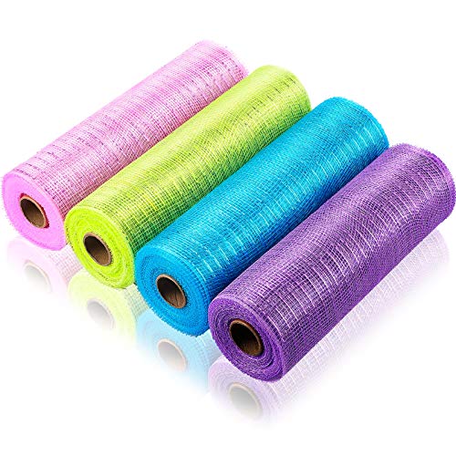 4 Rolls Mesh Ribbons 30 Feet Each Roll Metallic Foil Mesh Ribbon for Home Door Wreath Decoration DIY Crafts Making Supplies(Pink, Grass Green, Sky Blue, Purple,10 Inches) - Pink, Grass Green, Sky Blue, Purple - 10 Inches