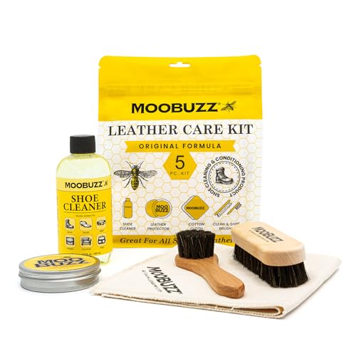 MooBuzz by Angelus All-Natural Leather Care Kit - 5pcs | Pure Neatsfoot Oil and Beeswax Conditioner Repair Balm, Protector, Cleaner, & Brush - Made in USA