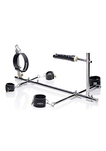 Master Series Stuck and Stuffed Stockade with Dildo, Grey (AE970) - Imprisoned Metal Silver - 47" Base Bar